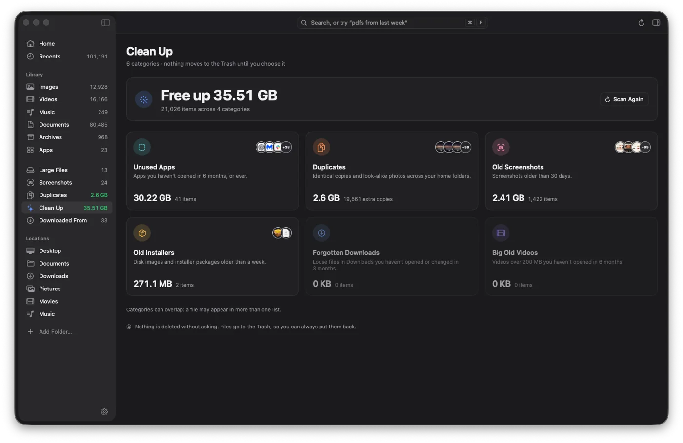 FileSift Clean Up screen listing unused apps, duplicates, old screenshots and installers with the space each could free