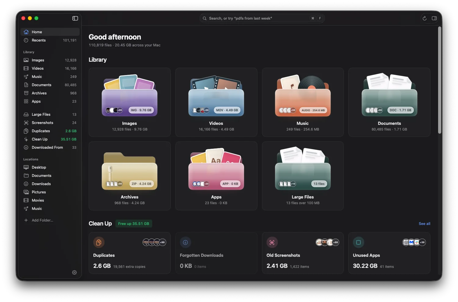 FileSift home screen showing Images, Videos, Music, Documents, Archives and Apps as glossy folders, with Clean Up suggestions below