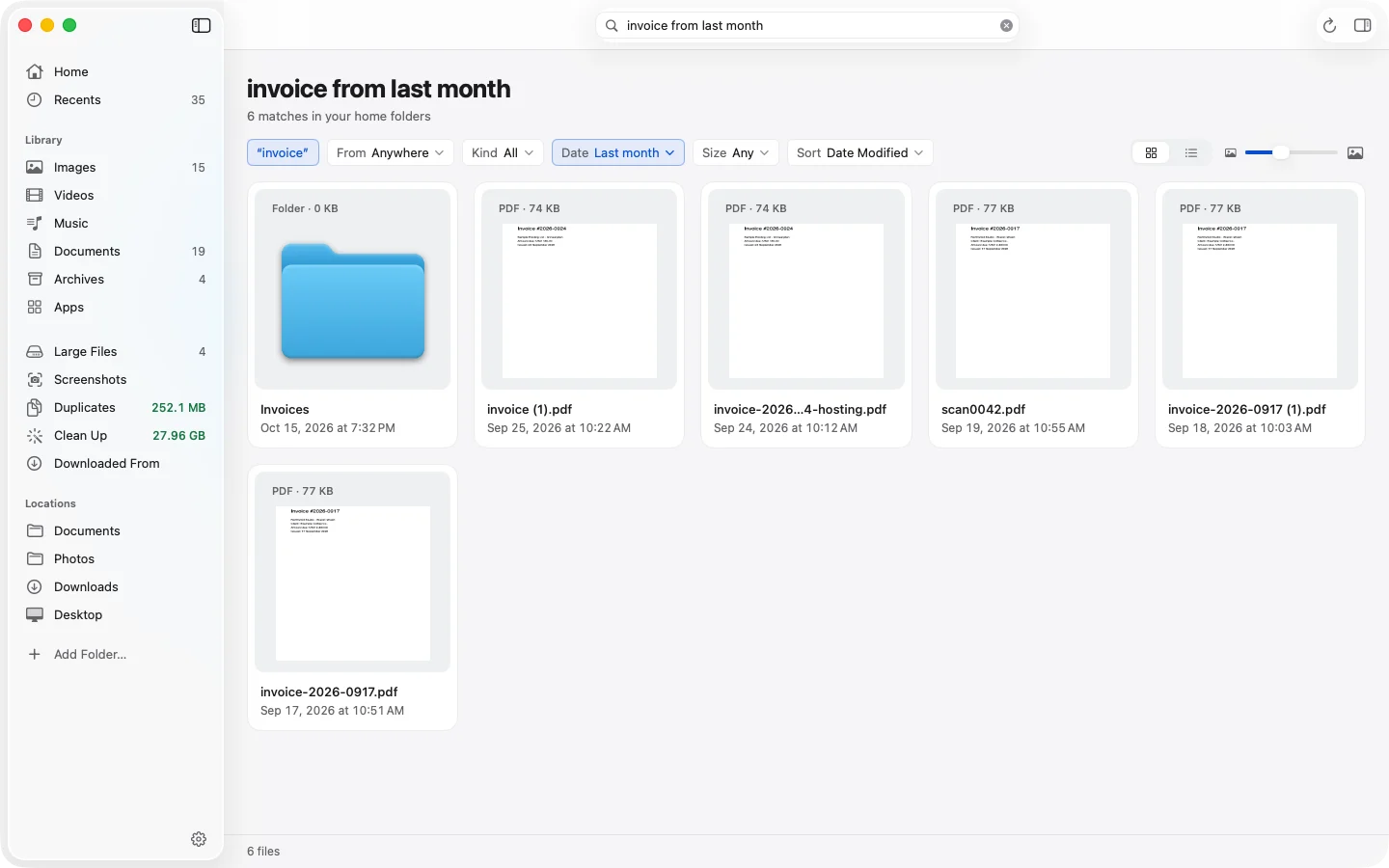 FileSift search for “invoice from last month” showing six matches (five invoice PDFs and the Invoices folder), with the query turned into an “invoice” term and a Last month date filter